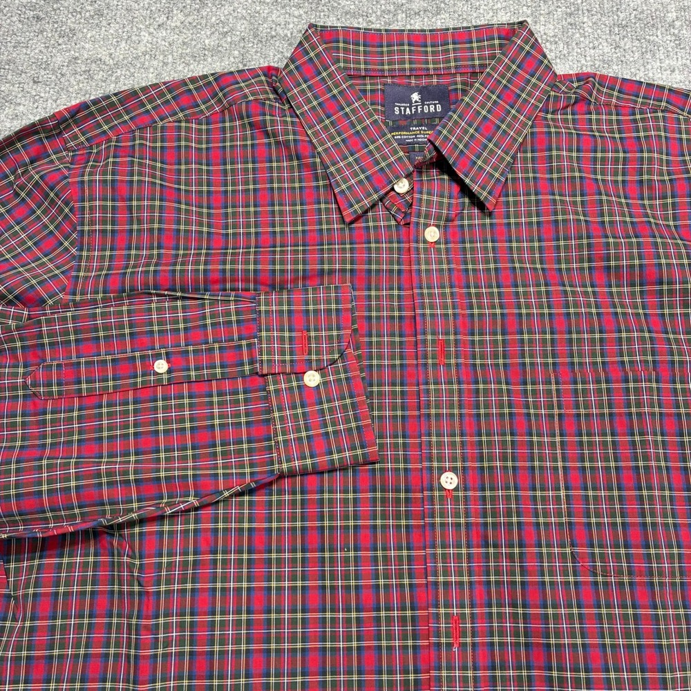 Stafford Performanceโ Super Fitted Dress Shirt Mens 18 Red Multi-colored Plaid